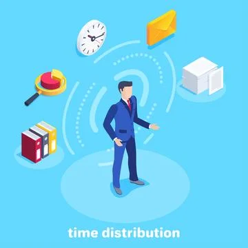 Isometric vector image on a blue background, a man in a business suit and bus Stock Illustration