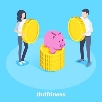 Isometric vector image on a blue background, a man and a woman holding coins  Stock Illustration