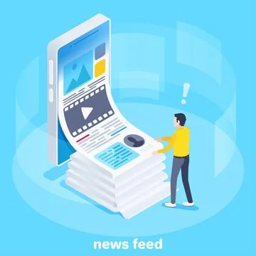 Isometric vector image on a blue background, a man stands near a smartphone a Stock Illustration