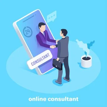 Isometric vector image on a blue background, a man in a business suit greets  Stock Illustration