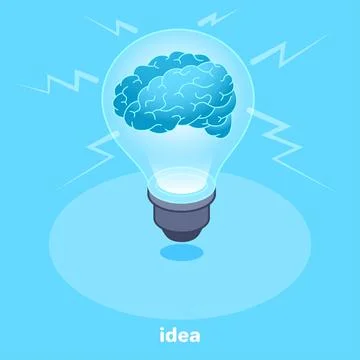 Isometric vector image on a blue background, the brain inside the light bulb, Illustrazione stock