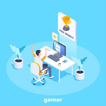 Isometric vector image on a blue background, a young man plays at a computer, Stock Illustration