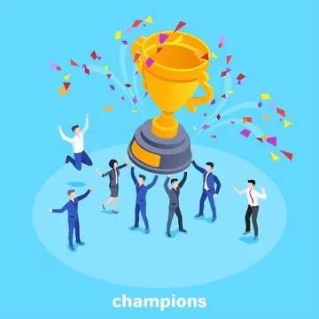 Isometric vector image on a blue background, people in business suits are hol Stock Illustration