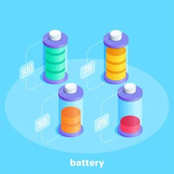 Isometric vector image on a blue background, a set of batteries icons with di Stock Illustration