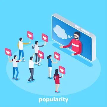 Isometric vector image on a blue background, a man in a smartphone and his fo Stock Illustration