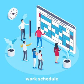 Isometric vector image on a blue background, people in the office are standin 스톡 일러스트
