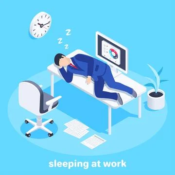 Isometric vector image on a blue background, a man in a business suit lies on Stock Illustration