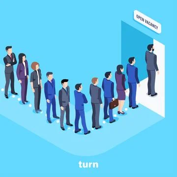 Isometric vector image on a blue background, people in business suits are sta Stock Illustration