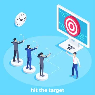 Isometric vector image on a blue background, people in business suits shoot a 스톡 일러스트