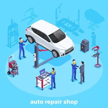 Isometric vector image on a blue background, people in work clothes work in a Illustrazione stock