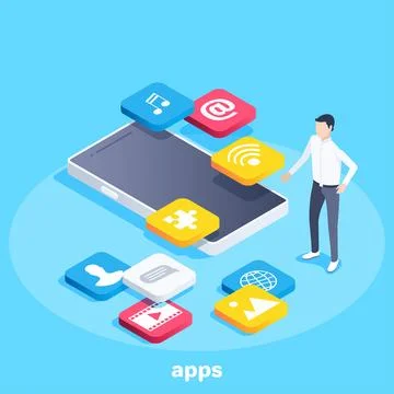 Isometric vector image on a blue background, a man stands next to a smartphon Stock Illustration