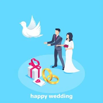 Isometric vector image on a blue background, man and woman at a wedding cerem Stock Illustration