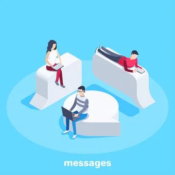 Isometric vector image on a blue background, people are sitting on message bu 스톡 일러스트