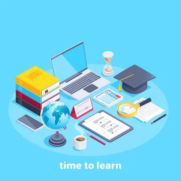 Isometric vector image on a blue background, a bachelor cap next to a laptop  Illustrazione stock
