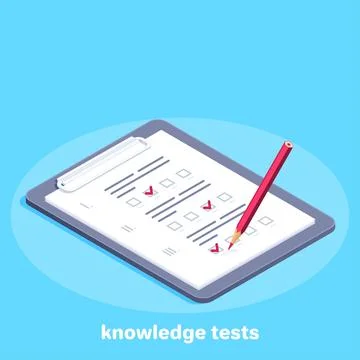 Isometric vector image on a blue background, a tablet with a piece of paper o Stock Illustration