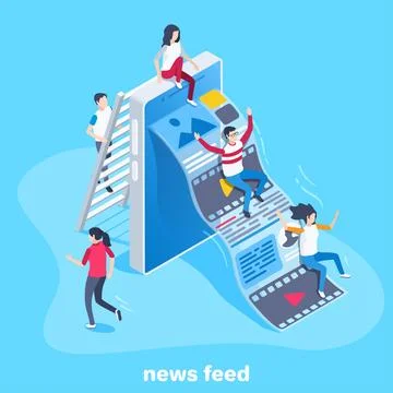 Isometric vector image on a blue background, men and women slide down the hil Stock Illustration