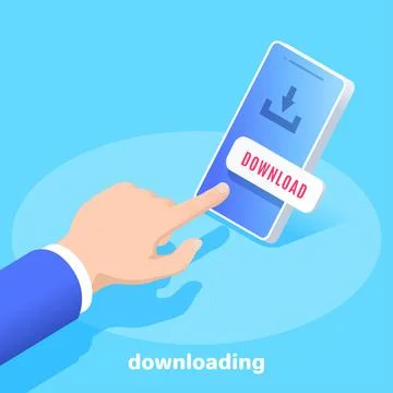 Isometric vector image on a blue background, a man in a business suit presses Illustrazione stock