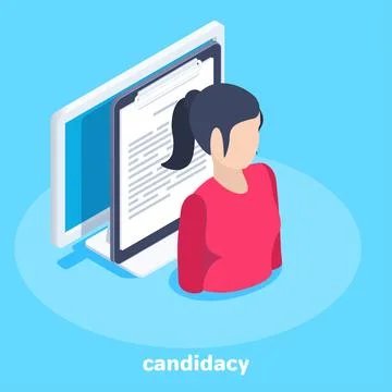 Isometric vector image on a blue background, business concept, woman near res Stock Illustration