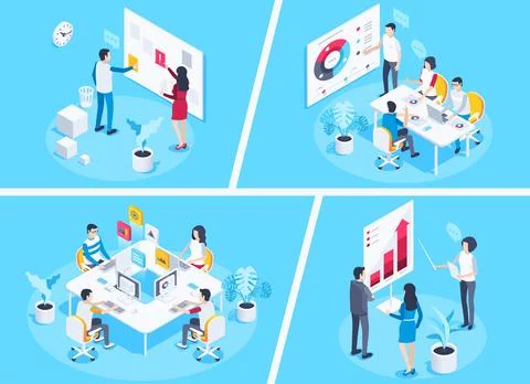 Isometric vector image on a blue background, young people work in the office  Stock Illustration