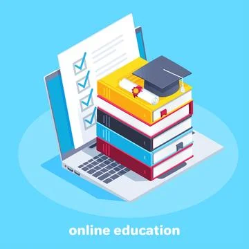 Isometric vector image on a blue background,  high pile of books on which lie Stock Illustration