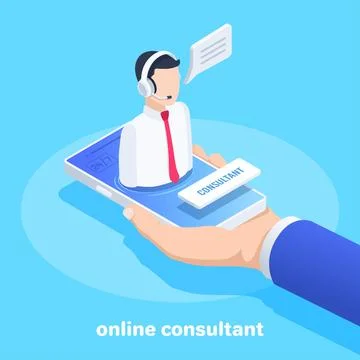 Isometric vector image on a  blue background, a man in a business suit holds  Stock Illustration
