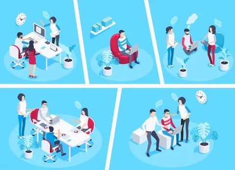 Isometric vector image on a blue background, men and a woman in the office ho Stock Illustration