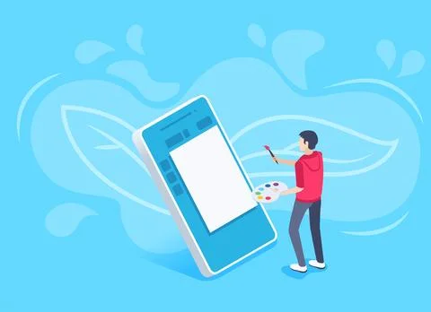 Isometric vector image on a blue background, business concept, an artist with Stock Illustration