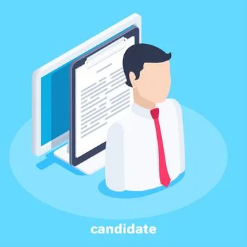 Isometric vector image on a blue background, business concept, man near resum 스톡 일러스트
