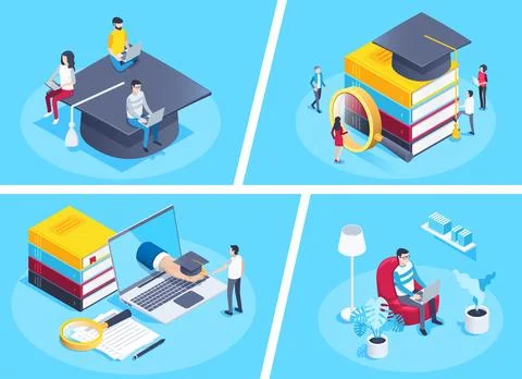 Isometric vector image on a blue background, young people look at a stack of  Illustrazione stock
