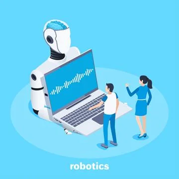 Isometric vector image on a blue background, robotics development, a robot ho Stockillustratie
