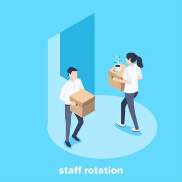 Isometric vector image on a blue background, a man with a box comes out of th Stock Illustration
