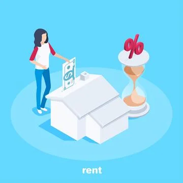 Isometric vector image on a blue background, a girl with money and a house, a 스톡 일러스트