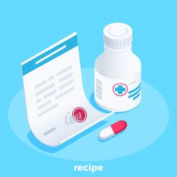 Isometric vector image on a blue background, prescription and bottle with pil Stock Illustration