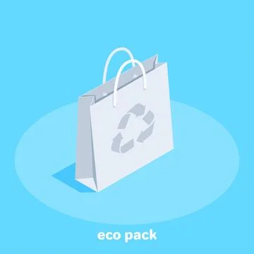 Isometric vector image on a blue background, paper eco bag with handles, care Illustrazione stock