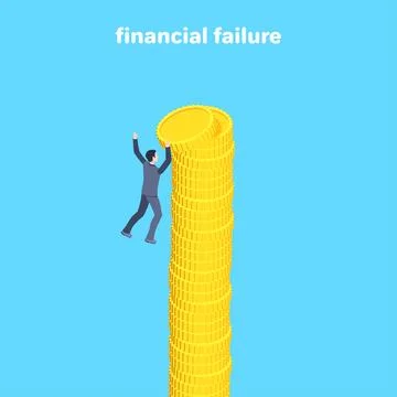 Isometric vector image on a blue background, a man in a business suit hangs w Stock Illustration