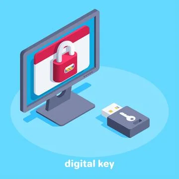 Isometric vector image on a blue background, a monitor with a lock on the scr 스톡 일러스트