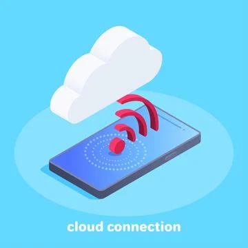 Isometric vector image on a blue background, smartphone and cloud connection, Stock Illustration