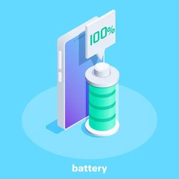 Isometric vector image on a blue background, smartphone and battery, akamulat Stock Illustration