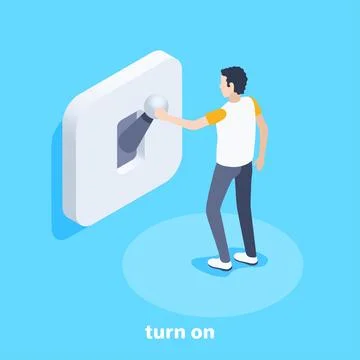 Isometric vector image on a blue background, man turns on switch 스톡 일러스트