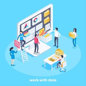 Isometric vector image on a blue background, men and women near the computer  イラスト素材