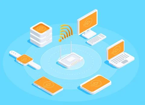 Isometric vector image on a blue background, a set of electronics, a laptop w 스톡 일러스트