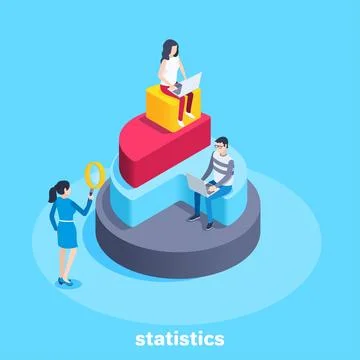 Isometric vector image on a blue background, a man and a woman on a pie chart Stock Illustration