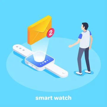 Isometric vector image on a blue background, a man stands near a smart watch  스톡 일러스트