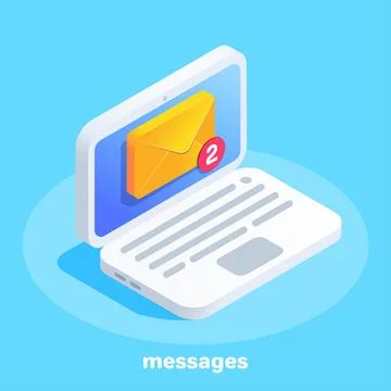 Isometric vector image on a blue background, a laptop with an envelope on the Illustrazione stock
