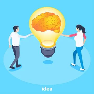 Isometric vector image on a blue background, the brain inside the light bulb, Stock Illustration
