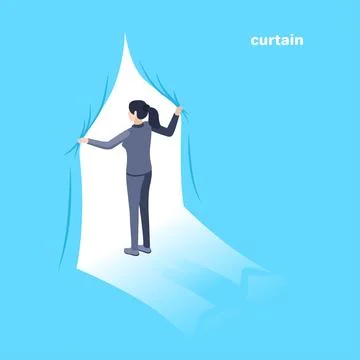 Isometric vector image on a blue background. A woman in a business suit opens Stock Illustration