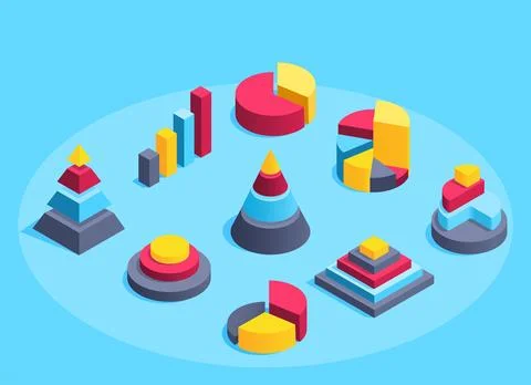 Isometric vector image on a blue background, a set of charts of different sha Stock Illustration