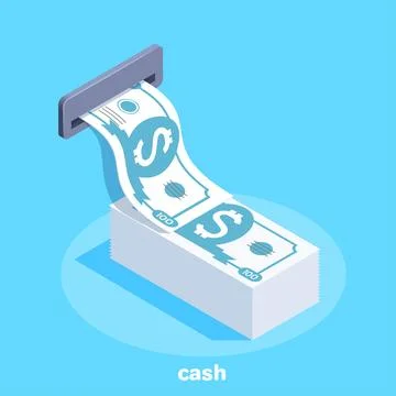 Isometric vector image on a blue background, a banknote crawling out of a cas Stock Illustration