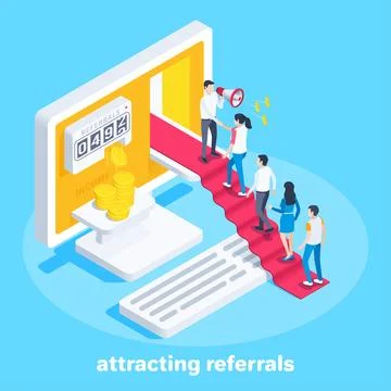 Isometric vector image on a blue background, a man with a loudspeaker stands  스톡 일러스트
