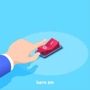 Isometric vector image on a blue background, male hand presses the red button Illustrazione stock